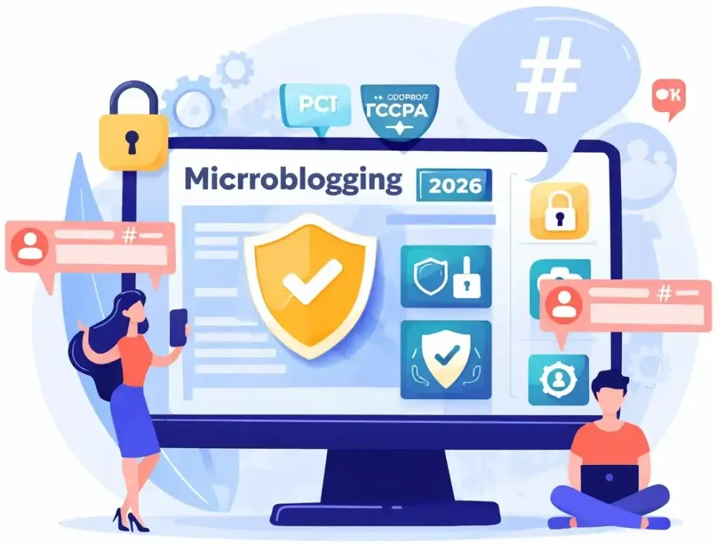 How Safe is a White-Label Microblogging App? Security Guide 2026 1 Secure microblogging app with privacy shield, encryption and GDPR compliance icons 2026