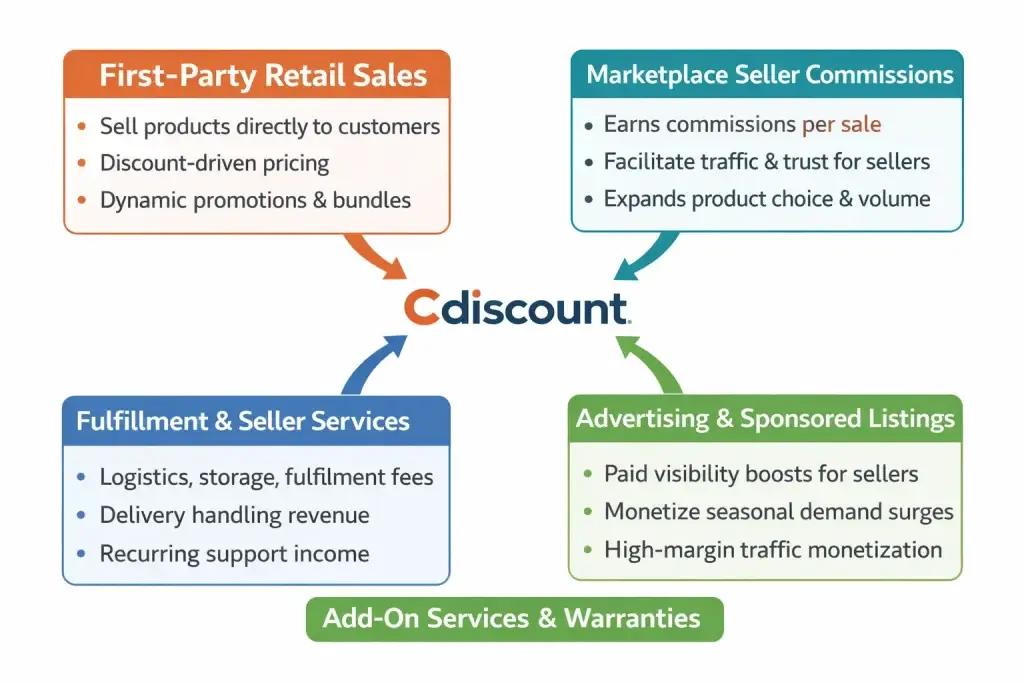 Business Model of Cdiscount : Complete Strategy Breakdown 2026 1 Simple illustration showing Cdiscount business model with ecommerce, warehouse, delivery, and growth chart elements
