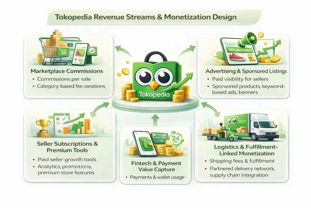 Business Model of Tokopedia : Complete Strategy Breakdown 2026 2 Tokopedia revenue streams infographic showing marketplace commissions, advertising, fintech payments, logistics monetization, and seller subscription tools