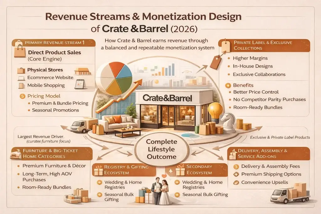 Business Model of Crate & Barrel: Complete Strategy Breakdown 2026 2 Informative infographic showing Crate & Barrel revenue streams in 2026 including direct product sales, private label collections, furniture categories, service add-ons, and registry ecosystem Business Model of Crate & Barrel .