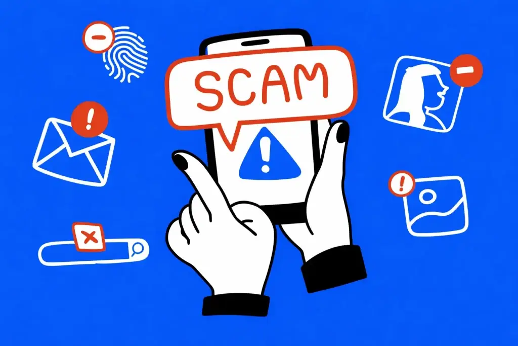How Safe is a White-Label Dropbox App? Security Guide 2026 2 Smartphone showing scam warning with fraud alert icons like fingerprint, email, and identity threat