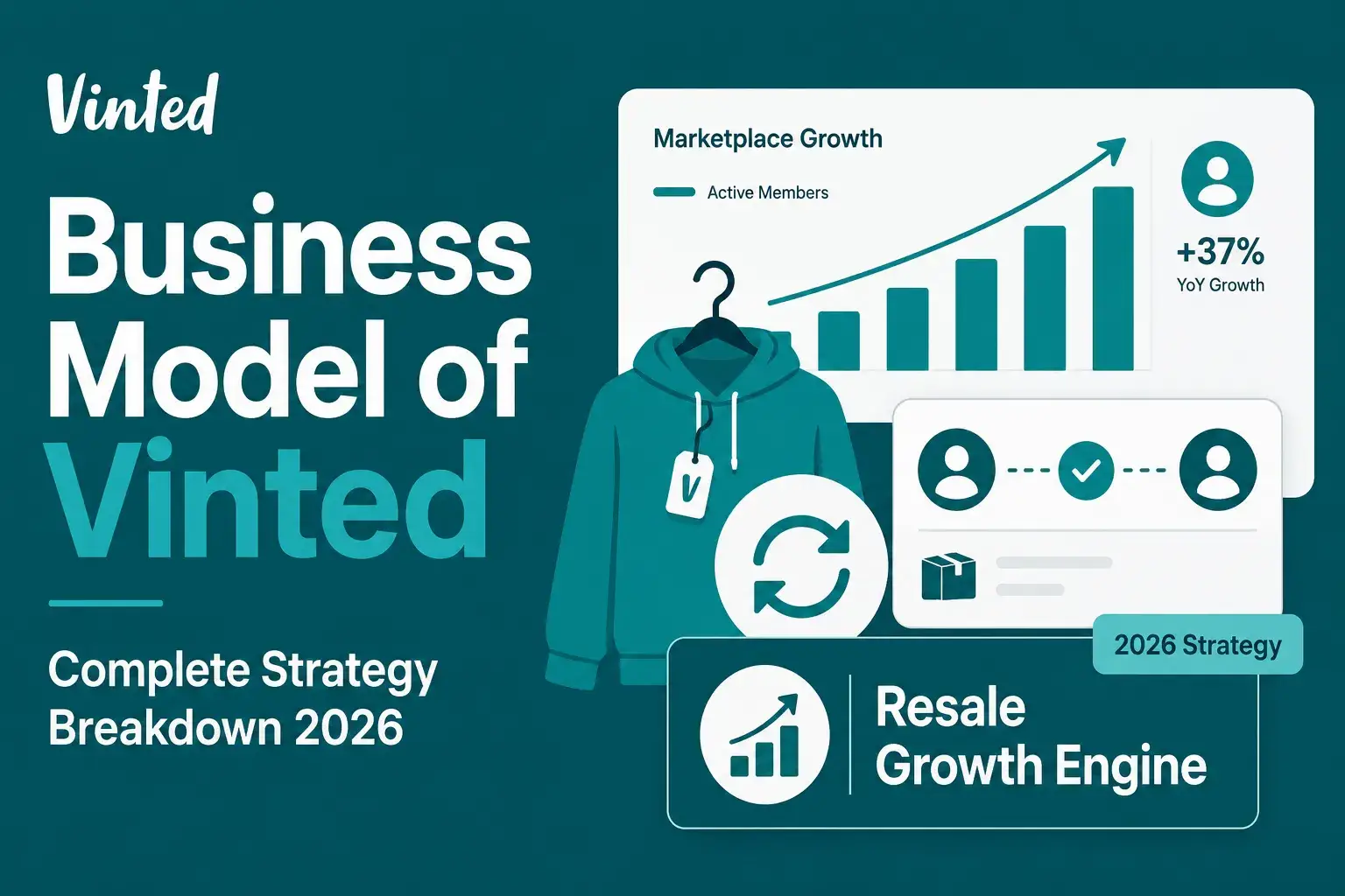 Vinted business model infographic showing resale marketplace growth, active members, user-to-user transactions, product resale flow, circular fashion, and 2026 strategy breakdown.