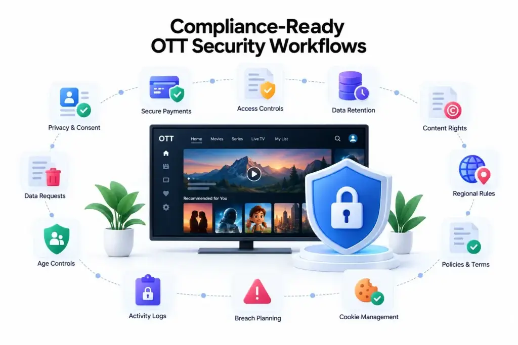 Protecting Premium Content, Viewer Accounts, and Payments in an OTT Streaming Platform 2 Compliance-ready OTT security workflows showing privacy, secure payments, access controls, data retention, content rights, regional rules, and activity logs.