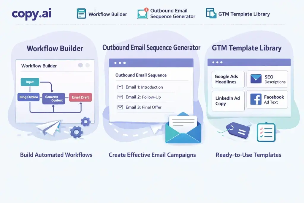 What Is Copy.ai and How Does It Work? 2 Copy.ai workflow builder showing outbound email sequence generator and GTM template library features.