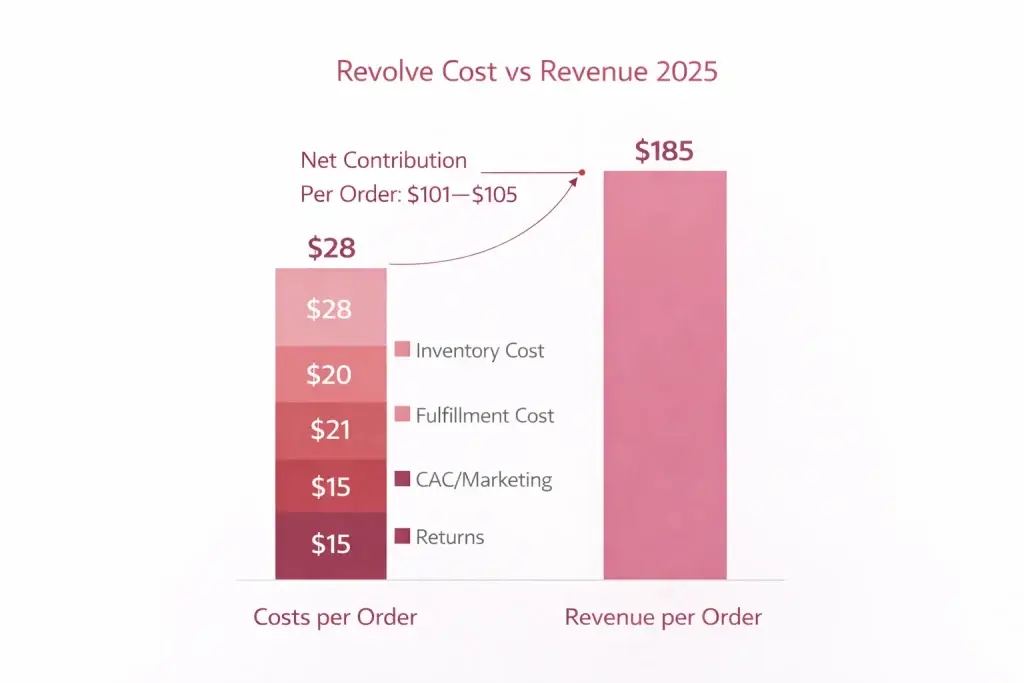 Cdiscount Revenue Model: How Cdiscount Makes Money in 2026 2 Bar chart showing Revolve cost vs revenue in 2026 with costs per order, revenue per order, inventory cost, fulfillment cost, marketing cost, returns, and net contribution.