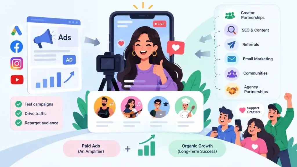 Subscription-Based Platform Growth Strategy: Creator Acquisition, Subscriber Conversion, and Long-Term Retention 2 Creator platform growth strategy showing paid ads, creator partnerships, SEO, referrals, email marketing, communities, and agency partnerships for sustainable growth.