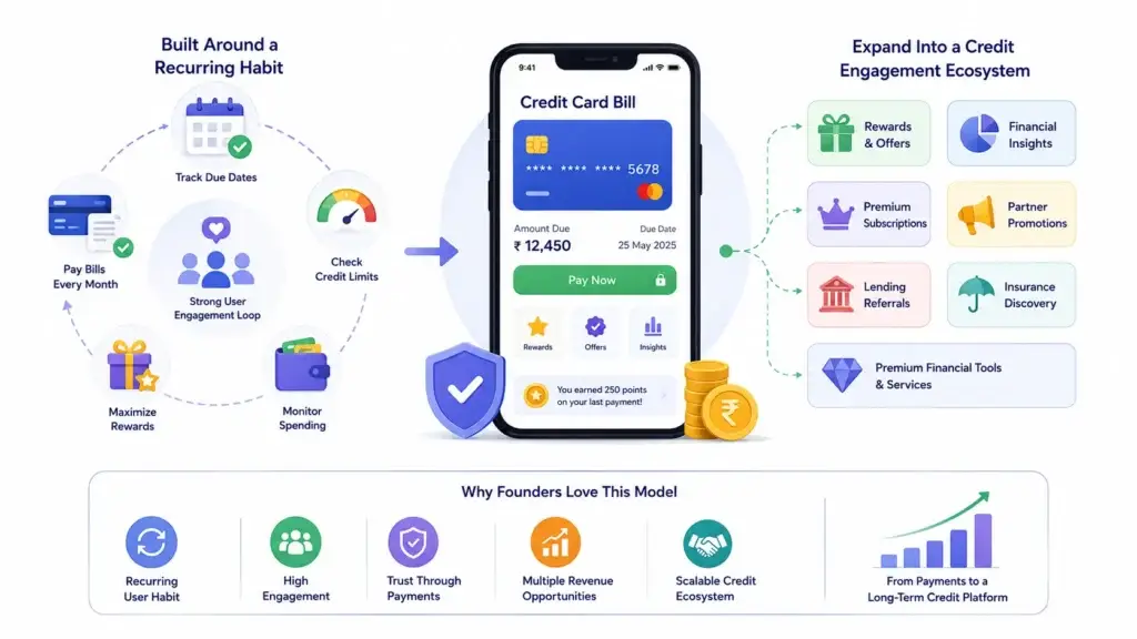 Credit Card Bill Payment App Features and Pricing Factors: What Founders Should Plan Before Launch 1 Credit card bill payment app engagement ecosystem with bill payments, due-date tracking, rewards, spending insights, subscriptions, partner offers, lending referrals, and insurance discovery