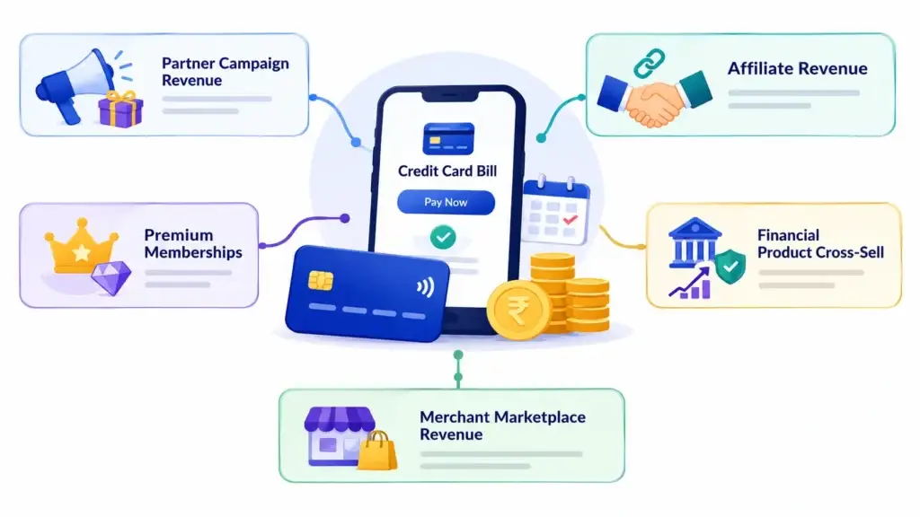 Credit Card Bill Payment App Features and Pricing Factors: What Founders Should Plan Before Launch 2 Credit card bill payment app revenue streams including partner campaigns, affiliate income, premium memberships, financial product cross-sell, and merchant marketplace revenue