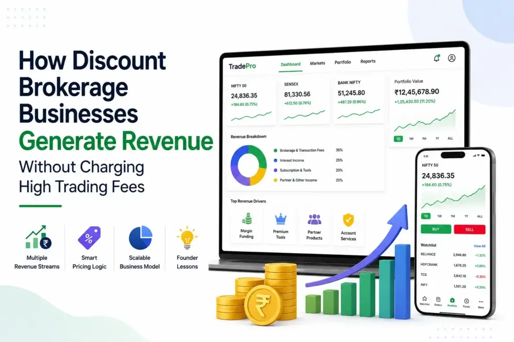 Discount brokerage business revenue model showing multiple income streams without charging high trading fees