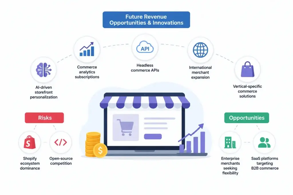 BigCommerce Revenue Model: How BigCommerce Makes Money in 2026 1 Infographic showing future revenue opportunities and innovations in ecommerce including AI storefronts, headless commerce APIs, SaaS growth, and B2B commerce expansion.