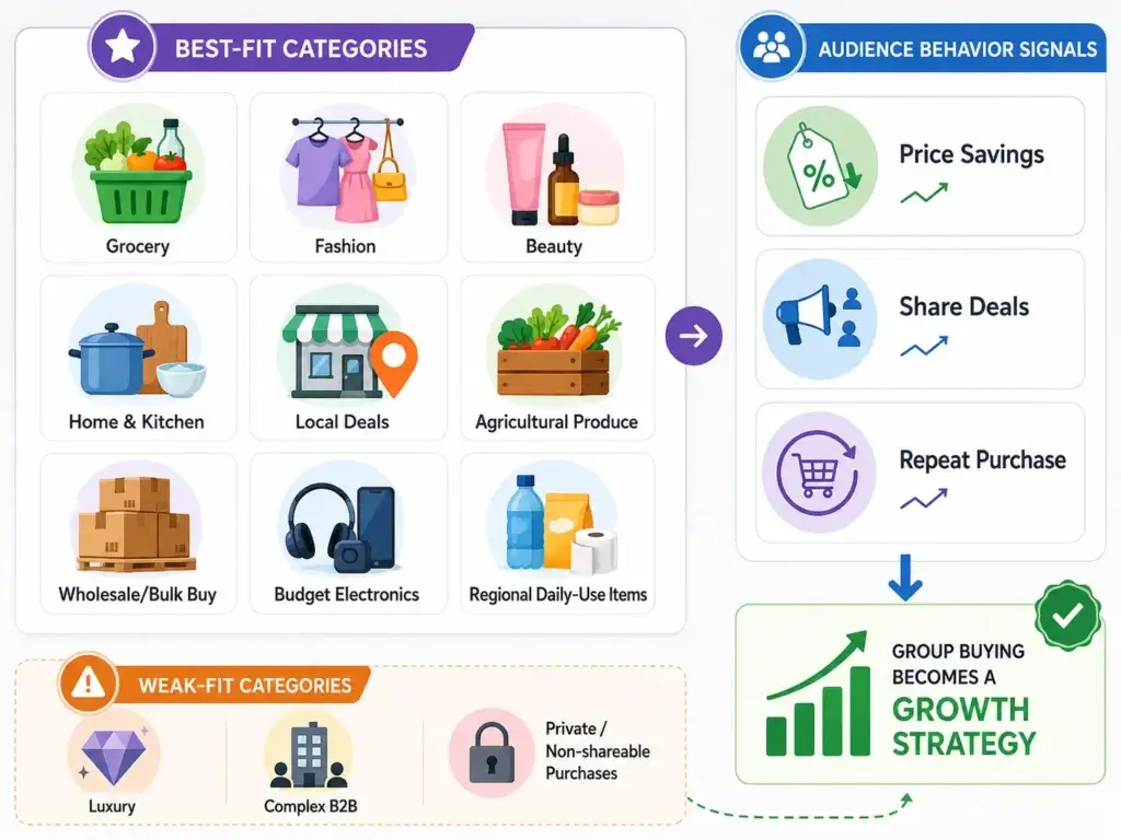 How Group Buying Marketplaces Turn Social Sharing Into Ecommerce Growth 2 Best-fit product categories and customer behavior signals for a successful group-buying marketplace growth strategy.