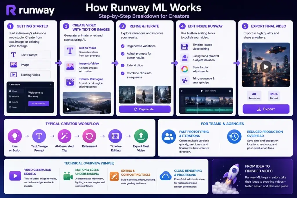 What Is Runway ML and How Does It Work? 1 Runway ML workflow infographic showing AI video creation from text prompts, images and existing video, with text-to-video, image-to-video, extend and reimagine tools, clip refinement, timeline editing, background removal, style adjustments, cloud rendering, and final video export.