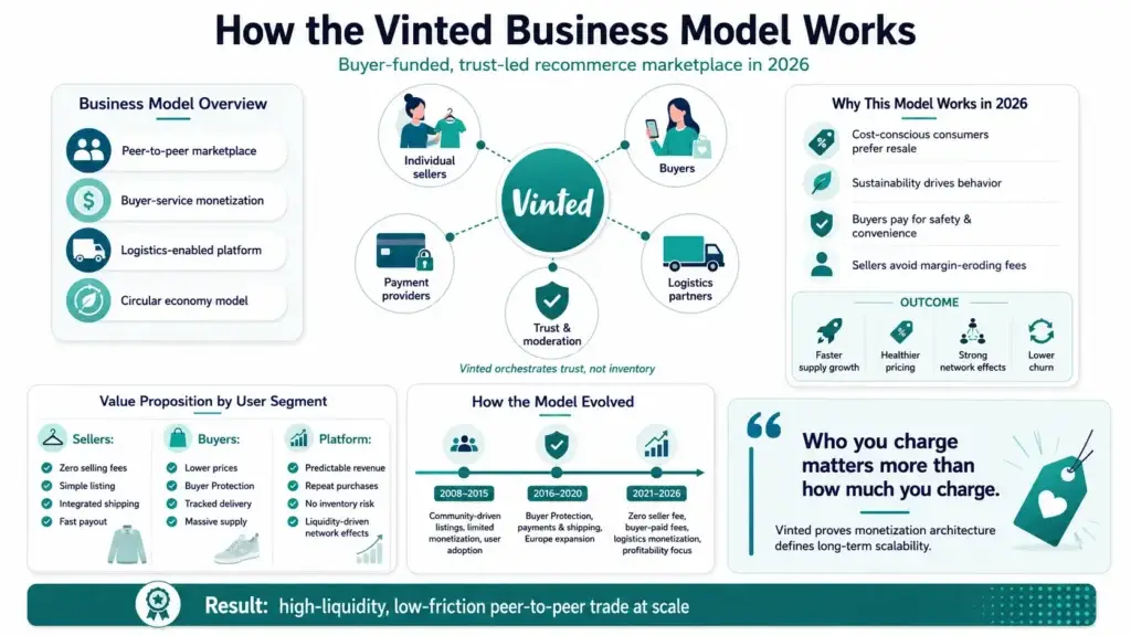 Business Model of Vinted : Complete Strategy Breakdown 2026 1 Vinted business model infographic showing peer-to-peer resale marketplace, buyers, sellers, payment providers, logistics partners, trust, moderation, buyer protection, and circular economy model.