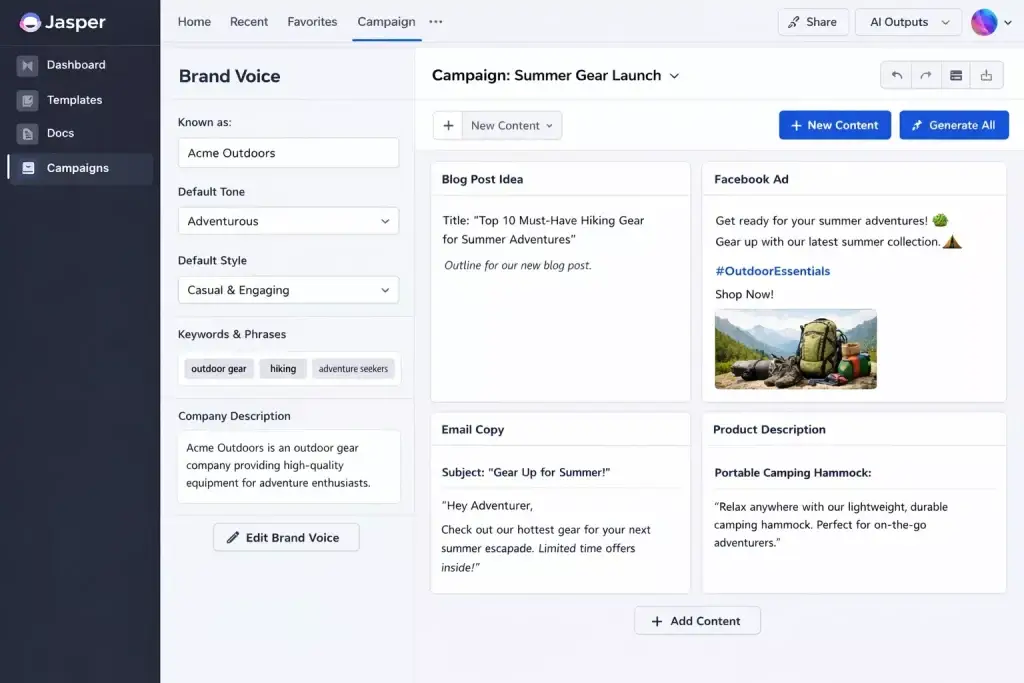 What Is Jasper AI and How Does It Work? 1 Jasper AI marketing automation platform displayed on a campaign dashboard featuring brand voice configuration, tone and style controls, and AI-generated content blocks including blog post ideas, Facebook ads, email copy, and product descriptions for a summer outdoor gear marketing campaign, highlighting enterprise content workflows and brand consistency tools.