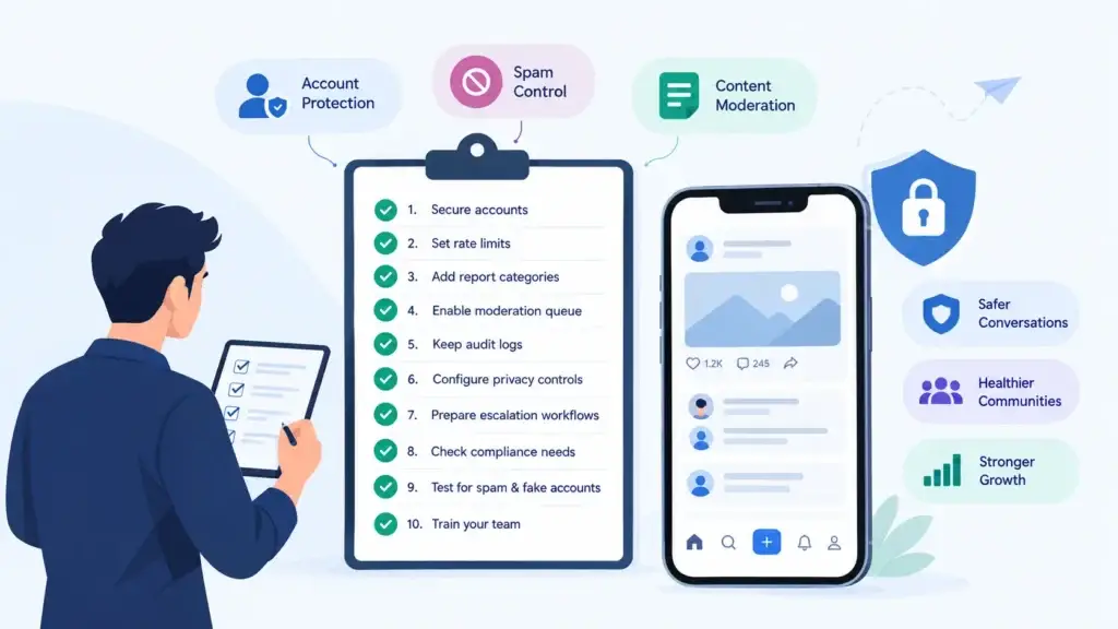 Trust and Safety in a Real-Time Microblogging Platform: Account Protection, Spam Control, and Content Moderation 2 Microblogging platform safety checklist covering account protection, spam control, content moderation, privacy settings, audit logs, and compliance.