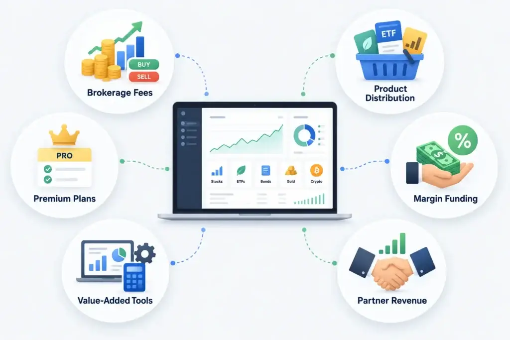 How Multi-Asset Investment Platforms Generate Revenue From Brokerage, Distribution, and Value-Added Services 1 Multi-asset investment platform revenue streams including brokerage fees, product distribution, premium plans, margin funding, and partner revenue.