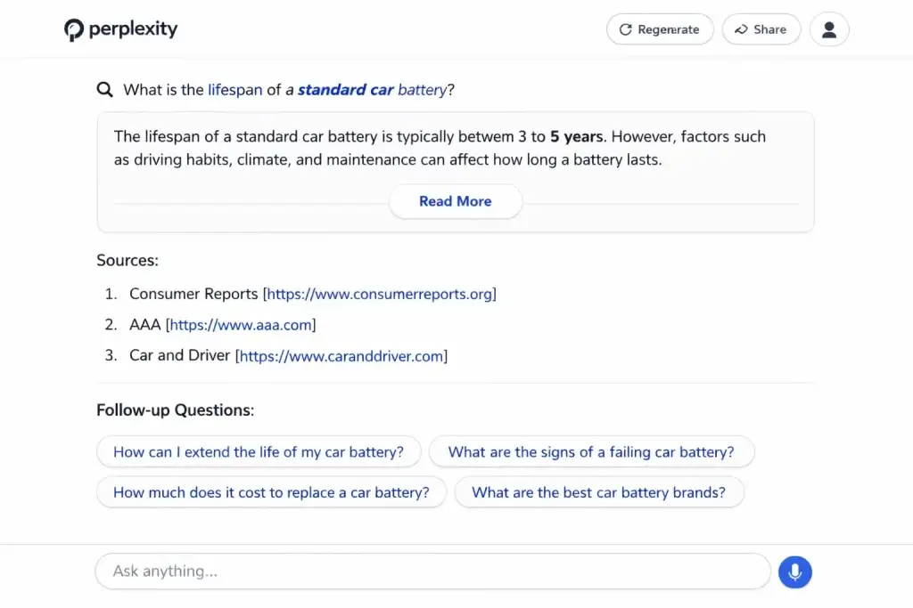What Is Perplexity AI and How Does It Work? 1 Perplexity AI interface showing citation-based AI answer for standard car battery lifespan with trusted web sources.