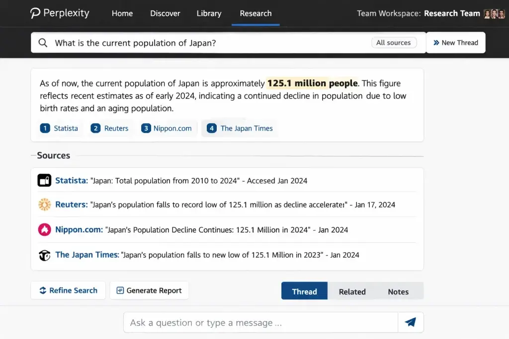 What Is Perplexity AI and How Does It Work? 2 Perplexity AI research workspace showing Japan population statistics with citation-backed sources and real-time data validation.