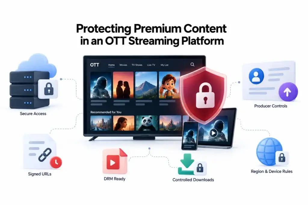Protecting Premium Content, Viewer Accounts, and Payments in an OTT Streaming Platform 1 OTT streaming platform premium content protection showing secure access, DRM, controlled downloads, producer controls, and regional device restrictions.