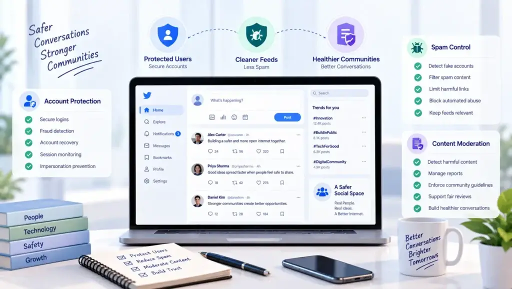 Trust and Safety in a Real-Time Microblogging Platform: Account Protection, Spam Control, and Content Moderation 1 Trust and safety features for a real-time microblogging platform, including account protection, spam control, and content moderation.