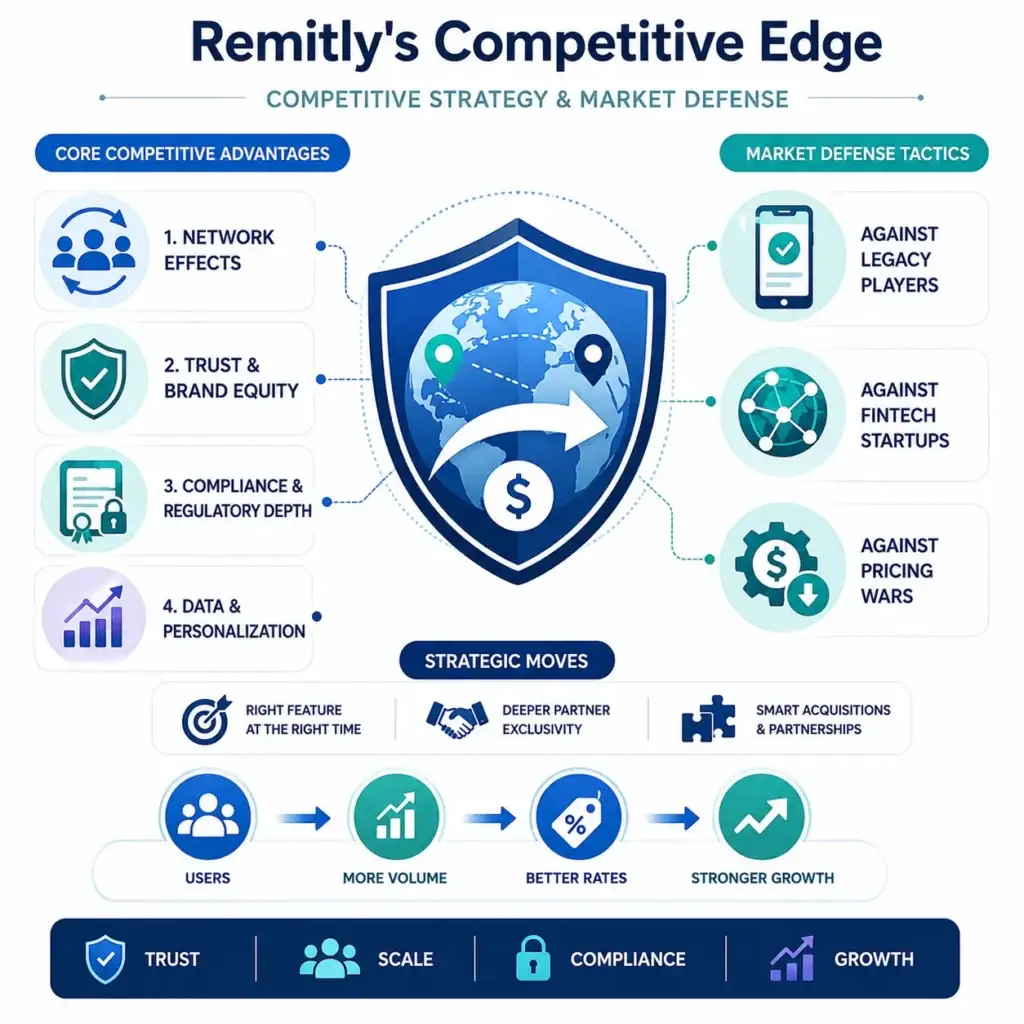 Business Model of Remitly : Complete Strategy Breakdown 2026 2 Remitly competitive strategy infographic showing network effects, brand trust, compliance, data personalization, market defense tactics, and growth advantages in 2026