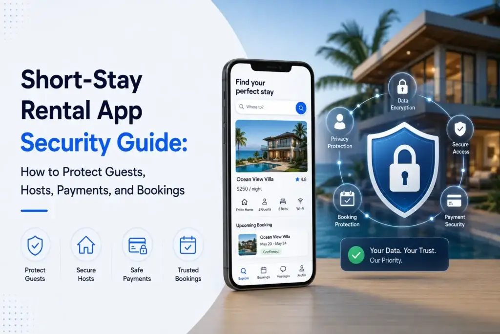 Short-stay rental app security protecting guests, hosts, payments, bookings, personal data, and platform access.