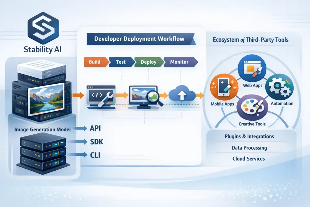 What Is Stability AI and How Does It Work? 2 Stability AI developer deployment workflow showing build, test, deploy, and monitor stages with API, SDK, and CLI integration across third-party tools.