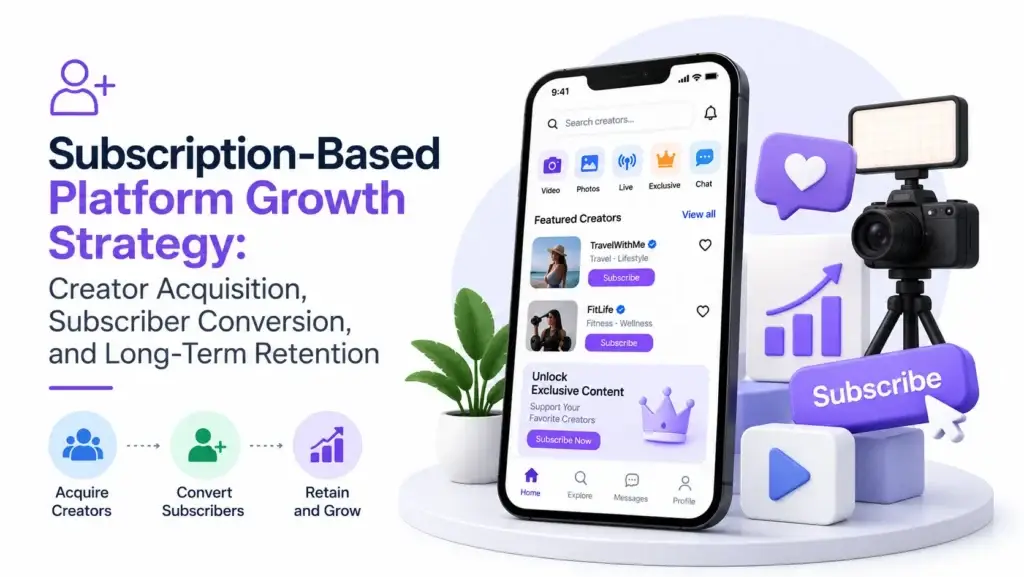 Subscription-based platform growth strategy showing creator acquisition, subscriber conversion, exclusive content, subscriptions, engagement, and long-term retention.