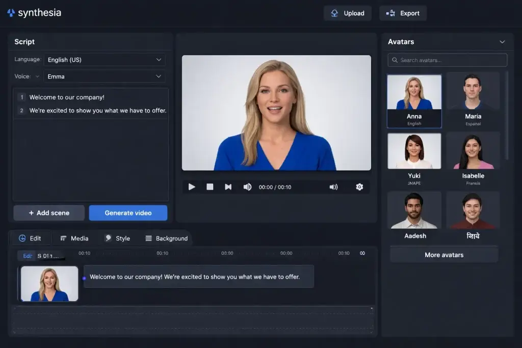 What Is Synthesia and How Does It Work? 1 Synthesia AI video creation platform interface displaying a realistic female digital avatar in a studio-style frame, with a script editor set to English language and Emma voice, a timeline for scene management, and an avatar selection panel featuring multilingual presenters for generating professional training and corporate videos.