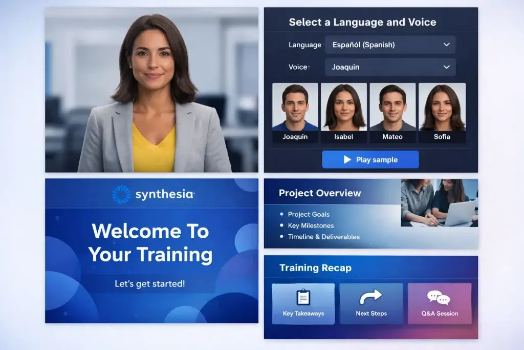 What Is Synthesia and How Does It Work? 2 Synthesia AI platform interface displaying a professional female digital avatar, a language and voice selection panel set to Spanish with multiple presenter options, and training screens including welcome slides, project overview, and recap sections for generating AI-powered corporate and e-learning videos.