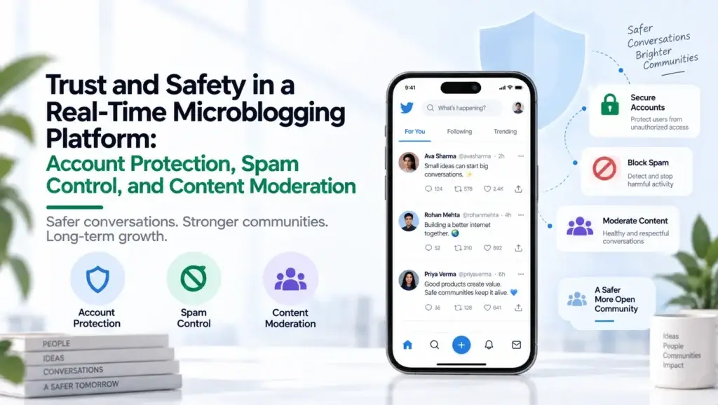Trust and safety in a real-time microblogging platform with account protection, spam control, and content moderation features.