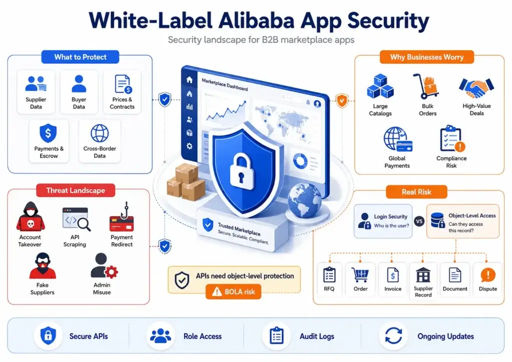How Safe Is a White-Label Alibaba App? Security Guide 2026 1 White-label Alibaba app security infographic showing B2B marketplace security risks, API protection, supplier data security, payment protection, BOLA vulnerabilities, and access control measures.