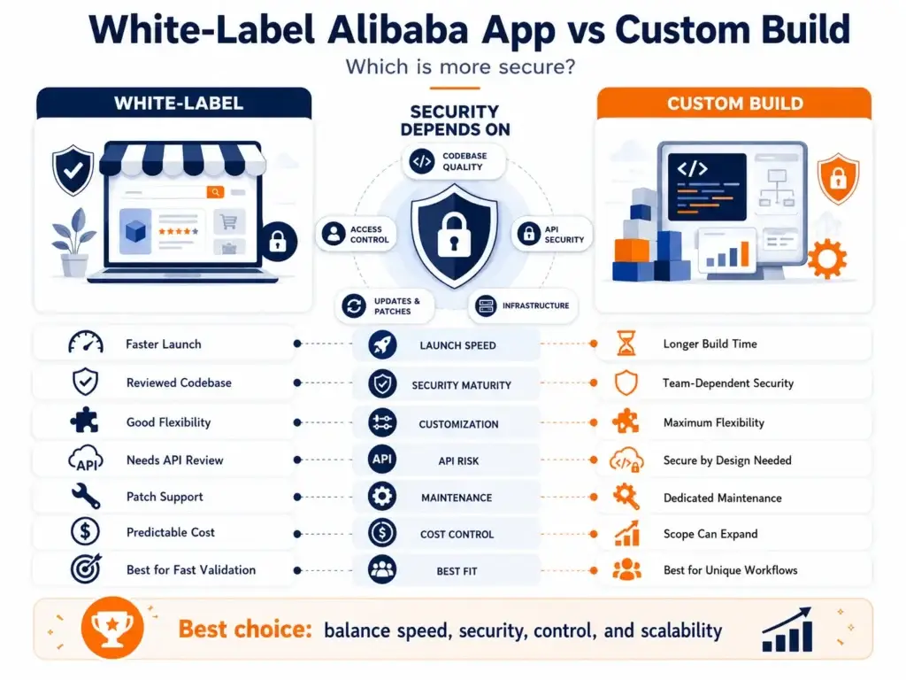 How Safe Is a White-Label Alibaba App? Security Guide 2026 2 Security comparison between a white-label Alibaba app and custom-built B2B marketplace showing code quality, API security, access control, maintenance, scalability, and deployment factors.