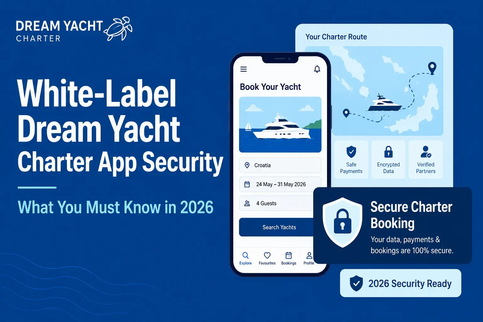 Dream Yacht Charter app security visual showing secure yacht booking, encrypted data, safe payments, verified partners, charter route map, and 2026 security-ready features.