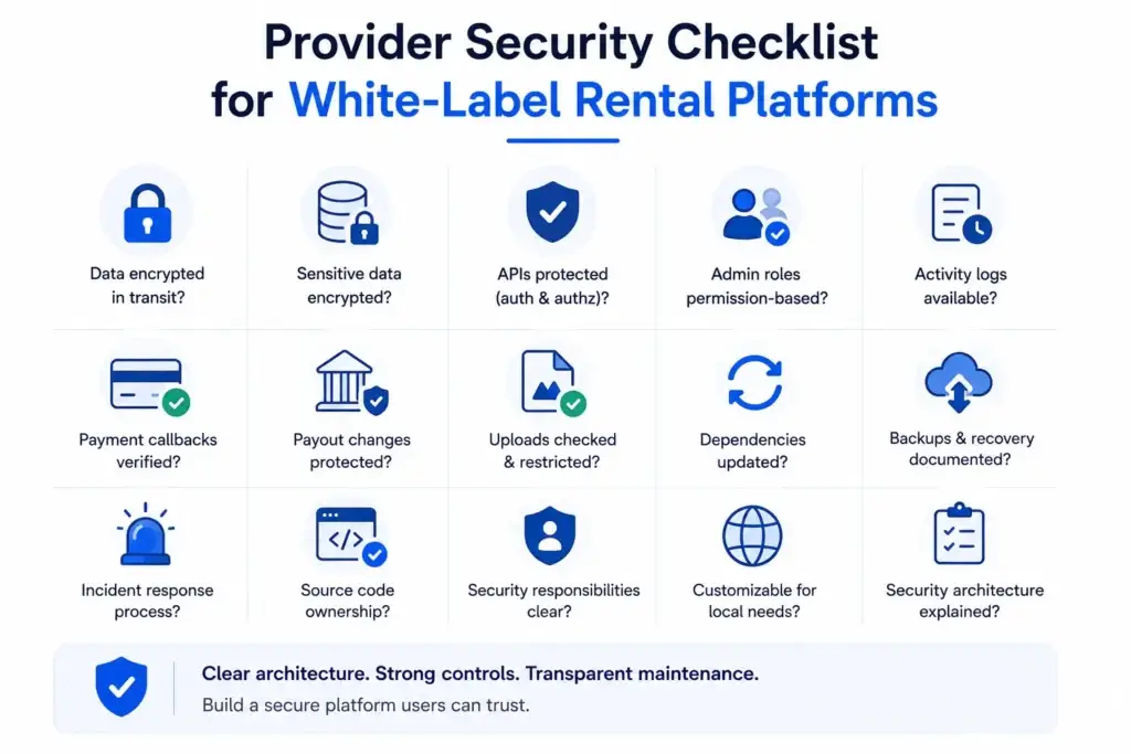 Short-Stay Rental App Security Guide: How to Protect Guests, Hosts, Payments, and Bookings 2 Provider security checklist for white-label rental platforms covering encryption, API protection, admin roles, payment security, backups, logs, and incident response.