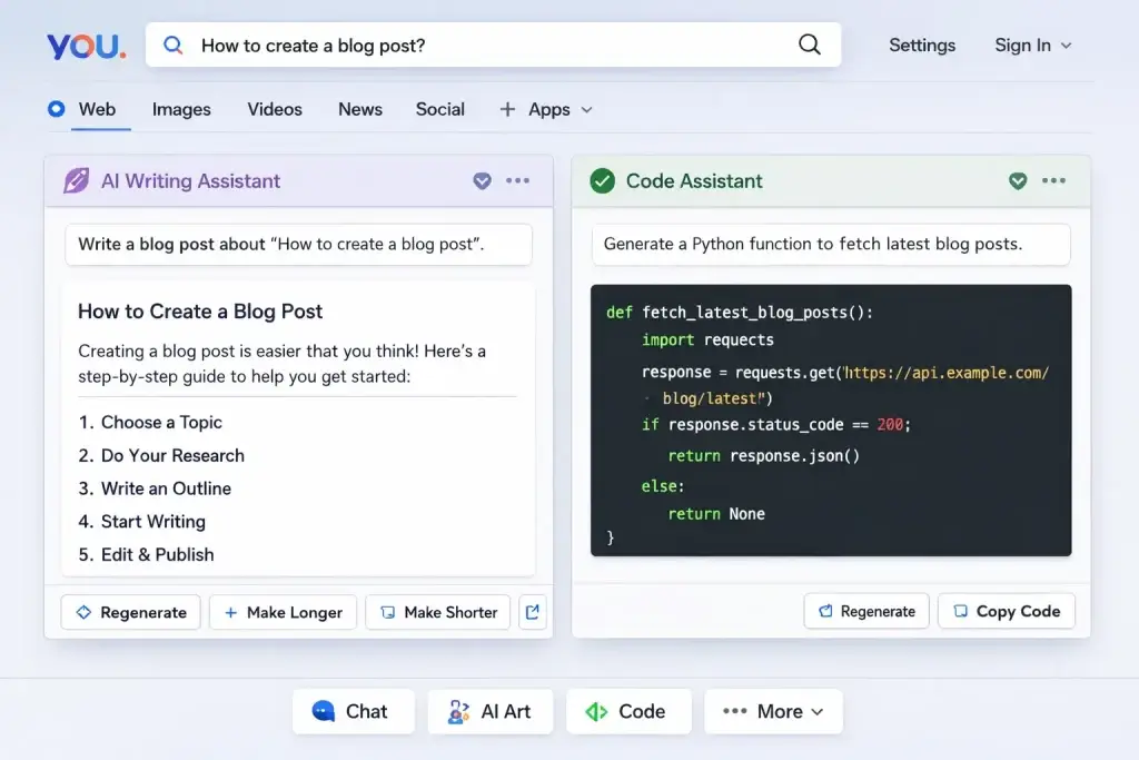 What Is You.com and How Does It Work? 2 You.com AI writing and code assistant generating a blog post and Python function.