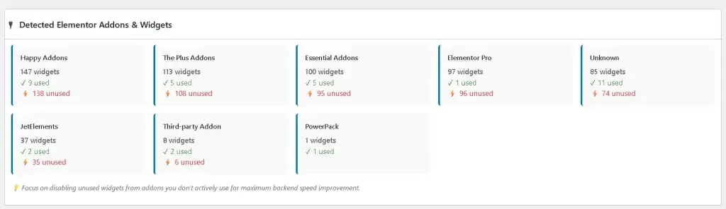 How to Use MCXย Elementorย Editor Optimizer (Step-by-Step)ย 2 Detected addons and widgets list in Elementor optimizer showing active third-party extensions inside WordPress.
