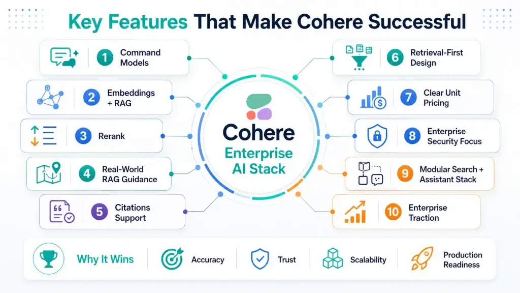 What is Cohere and How Does It Work? 1 Infographic showing Cohereโs enterprise AI stack with command models, embeddings, RAG, rerank, citations, retrieval-first design, pricing, security, and enterprise traction.