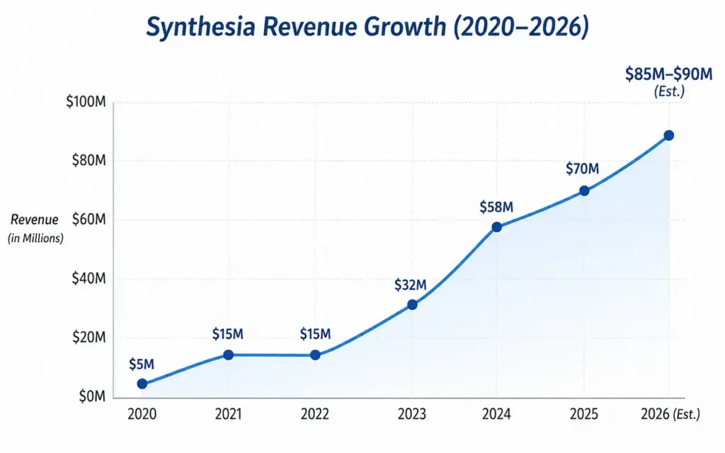 Synthesia Clone Revenue Model: How Synthesia Makes Money in 2026 1 Line chart showing Synthesia revenue growth from 2020 to 2026, increasing from $5M in 2020 to an estimated $85Mโ$90M in 2026, with revenue milestones for 2021, 2022, 2023, 2024, and 2025.