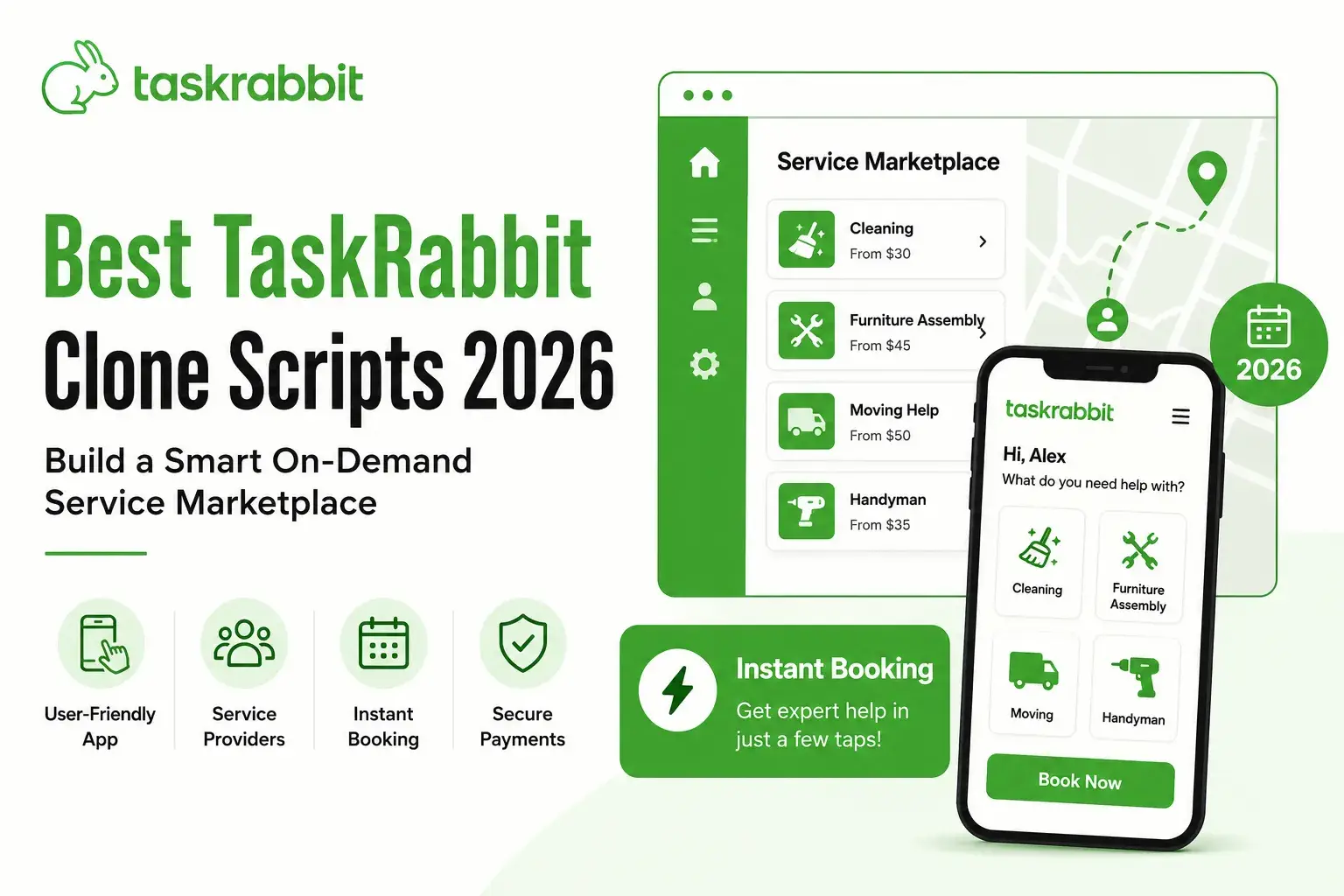 TaskRabbit clone script banner showing an on-demand service marketplace app with instant booking, service providers, secure payments, cleaning, moving, furniture assembly, and handyman services.
