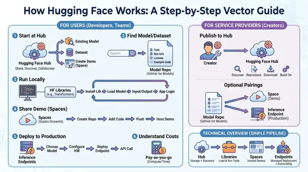 What Is Hugging Face and How Does It Work? 1 Infographic showing how Hugging Face works with Hugging Face Hub, model repositories, datasets, Spaces demos, local model running, inference endpoints, libraries, creators, and pay-as-you-go deployment.