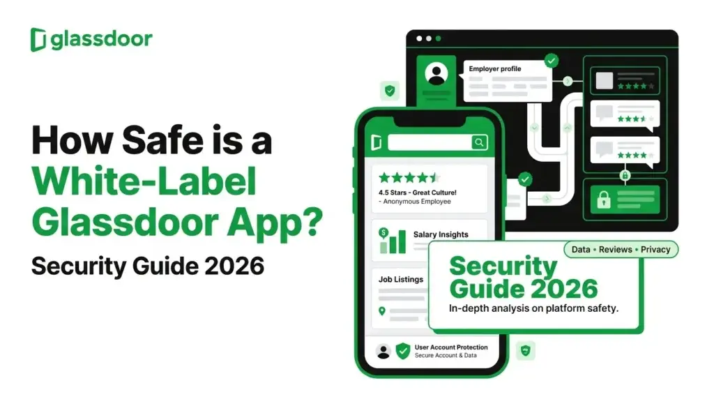 Glassdoor app security guide banner showing a white-label review platform with anonymous employee reviews, salary insights, job listings, employer profile, secure data flow, privacy protection, user account protection, and review security.