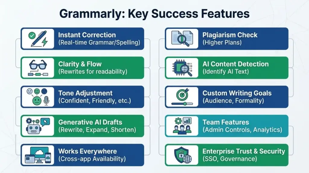 What Is Grammarly and How Does It Work? 2 Infographic showing Grammarly key success features including instant correction, clarity and flow, tone adjustment, generative AI drafts, plagiarism check, AI content detection, writing goals, team features, and enterprise security.