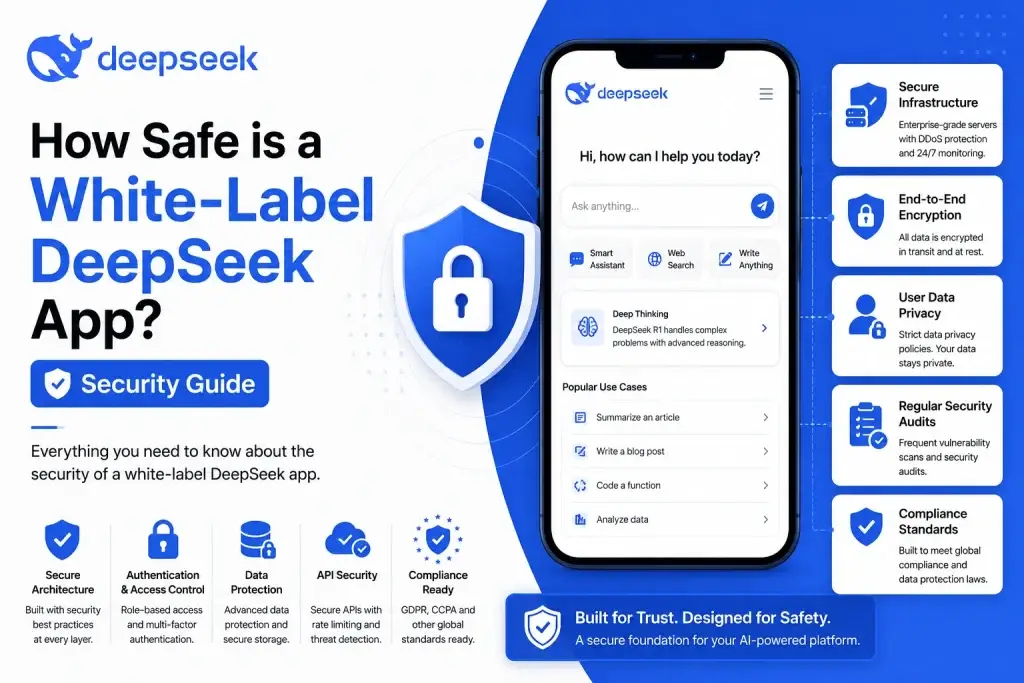 White label DeepSeek app security guide showing secure AI infrastructure encryption privacy protection and compliance standards