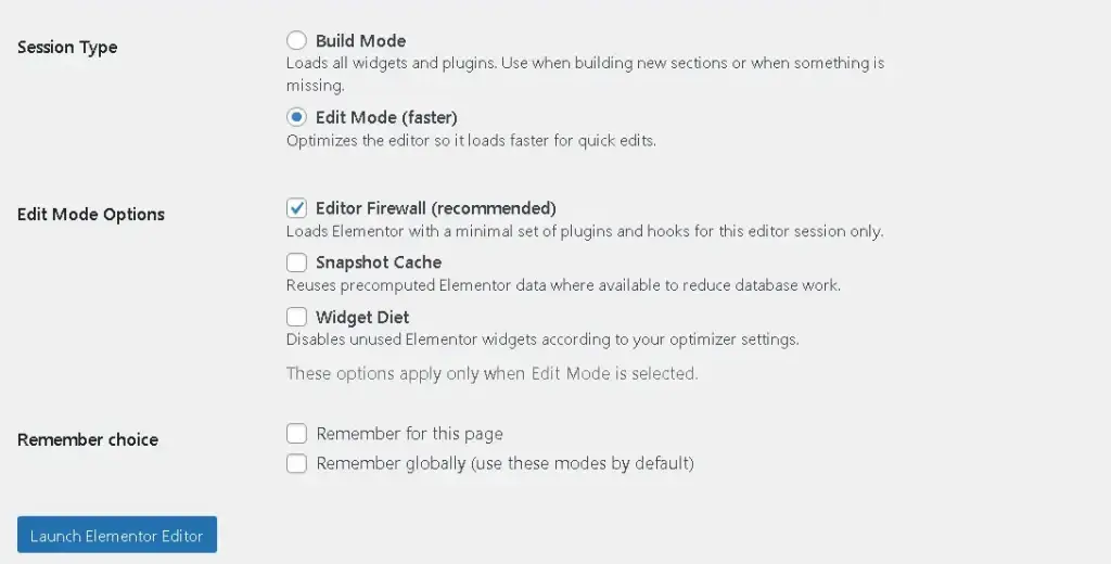 How to Use MCXย Elementorย Editor Optimizer (Step-by-Step)ย 5 Elementor launch screen showing Build vs Edit options when starting a new page in WordPress.