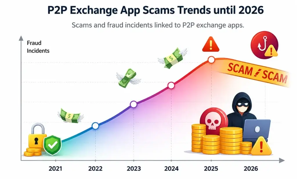 How Safe is a White-Label P2P Exchange App? Security Guide 2026 1 P2P exchange app scam trends infographic showing rising fraud incidents from 2021 to 2026 with hacker, scam alerts, and cryptocurrency security risks