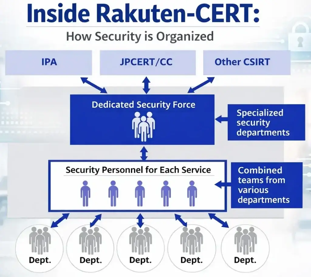 How Safe is a White-Label Rakuten App? Security Guide 2026 2 Diagram showing Rakuten-CERT security structure with dedicated security force and department coordination
