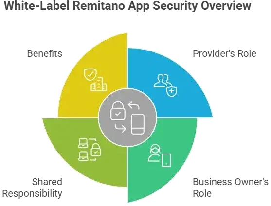 How Safe is a White-Label Remitano App? Security Guide 2026 1 Diagram showing white-label Remitano app security overview with provider role, business owner role, shared responsibility, and security benefits