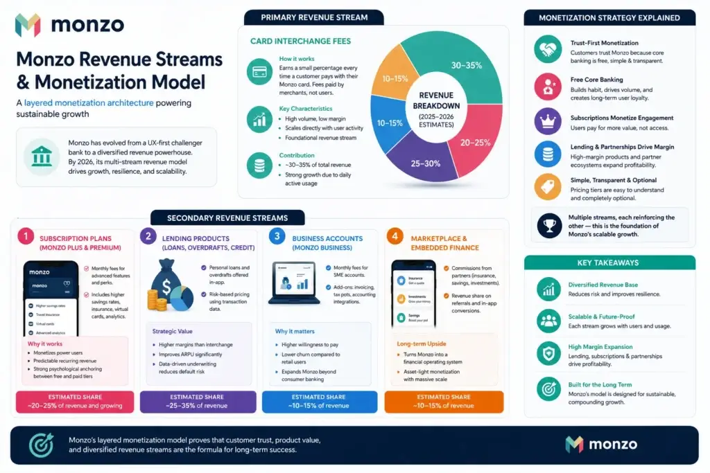 Business Model of Monzo: Complete Strategy Breakdown 2026 2 Explore Monzo’s revenue streams and monetization strategy, including interchange fees, premium subscriptions, lending products, business accounts, and embedded finance partnerships driving scalable fintech growth.