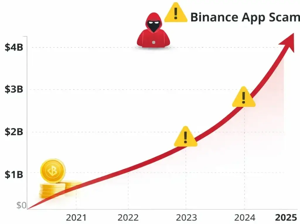 How Safe is a White-Label Binance App? Security Guide 2026 1 Binance app scam statistics graph showing increase in crypto fraud losses from 2021 to 2025